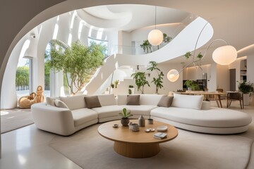 The interior of the white living room is decorated in a modern home style with contemporary furniture