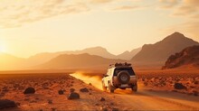 Safari And Travel To Africa Extraordinary Undertakings Or Science Undertaking In A Stone Leave Sahara Leave At Dawn Mountain Scene With Tidy On Horizon Slopes And Follows Of The Offroad Car