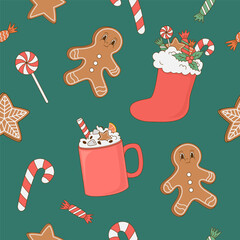 Wall Mural - Vintage Christmas seamless pattern with sweets, gingerbread, candy, gifts on green background. Retro cartoon vector illustration. Happy New Year