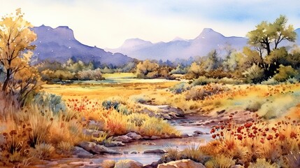 Wall Mural - Beautiful watercolor of the great prairies of the American West.