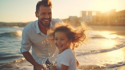 Wall Mural - Solid father and girl playing together at the shoreline carefree upbeat fun grinning way of life