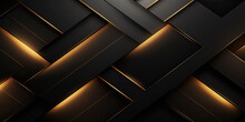 Luxury Abstract Black Metal Background With Golden Light Lines. Dark 3d Geometric Texture Illustration. Bright Grid Pattern.
