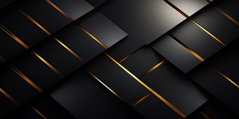 Wall Mural - Luxury abstract black metal background with golden light lines. Dark 3d geometric texture illustration. Bright grid pattern.