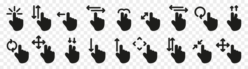 Fototapete - Touch screen with hand gesture click icon collection. Hand click pointer sign. Set of black click gesture hand