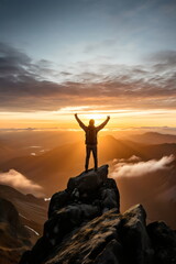 person standing on top of mountain peak celebrating holding up arms looking at sunrise or sunset, su