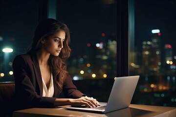 Young busy Latin business woman executive working on laptop at night in dark corporate office.