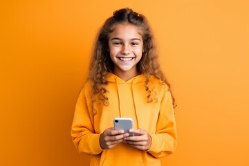 girl with phone on orange background.