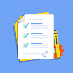 Poster - Checklist document. Business office documents with folder in a flat design. Paper document with checklist. Agreement, contract, check, audit document