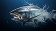 Tuna fish swims underwater on background of the ocean. Tuna Sea fish. Horizontal banner poster. illustration AI generated