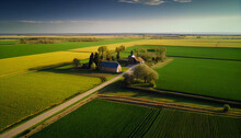Aerial View Of A Rural Landscape With Green Fields And Plants And Agricultural Farm Land Of Natural Background, Ai Generated Image