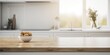 © Wuttichai - Rustic charm countertop. Empty wooden table space in kitchen. Urban elegance. Minimalist interior design. Morning light