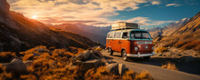 A Vintage Van Traveling At Sunset In Nature On A Canyon Path For A Road Trip To Adventure And Freedom