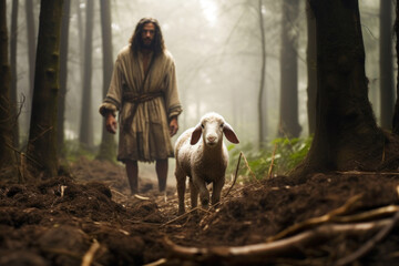 Jesus Christ The Shepherd in the middle of nature looking for and finding the lost sheep offering salvation Generative AI Illustration