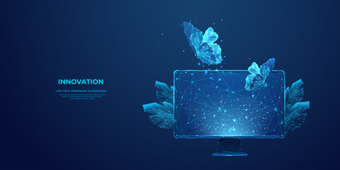 Poster - Innovation digital concept. Abstract butterflies fly out from the computer monitor screen. Low poly wireframe vector illustration. Futuristic hologram x-ray blue polygonal style. Technology start-up. 