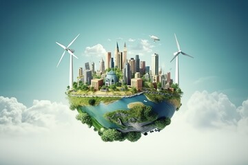 Environment of planet earth. Green healthy planet with many windmills and other renewable energy sources, Ecology concept, World environment and earth day concept