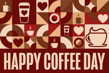 Happy Coffee Day. Holiday concept. Template for background, banner, card, poster with text inscription. Vector EPS10 illustration.