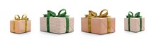 Side View Of Christmas, Birthday Or Valentine Presents Decorated In Orange Spots And Stripes With A Gold And Green Ribbon Bow Isolated Against A Transparent Background.