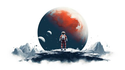 Wall Mural - conceptual collage depicting space exploration. astronaut standing in full gear, with the moon loomi