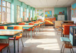 © AlexCaelus - Empty Classroom school without student or teacher, empty chair and table, empty study room