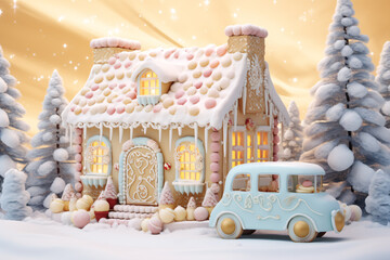 Dreamy sweet gingerbread house with candy car. Christmas sweet cards. digital AI