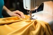 Detailed view Female hands sew yellow fabric with a modern sewing machine
