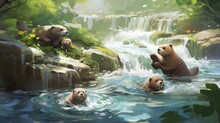 A Group Of Otters Frolicking In A Clear, Babbling Stream On A Sunny Day