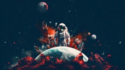 Wall Mural - the concept of space exploration. an astronaut in a spacesuit in the vast expanse of space. the eart