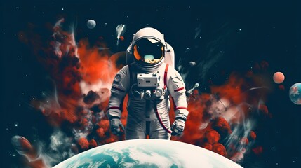 Wall Mural - the concept of space exploration. an astronaut in a spacesuit in the vast expanse of space. the eart