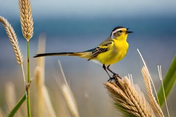 yellow wagtail on a day, Yellow wagtail bird singing on a ear of rye in the morning