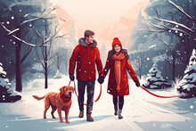 Man And Woman In Red Winter Clothes Stand Together With Their Dog And Enjoy Beautiful Snowy Yard