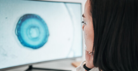 Wall Mural - Computer, screen and woman in laboratory for website, innovation and medical research. Healthcare pc, pharmaceutical and worker reading online for medicine, biotechnology and medicine service