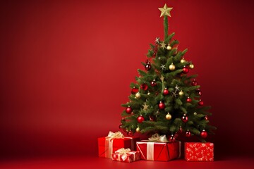 christmas tree with gifts on red background