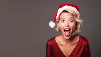 Blonde woman surprise face in santa claus red hat, Christmas sale gift