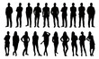 Vector detailed silhouettes set of standing people male and female full body front view with body gesture isolated on white background. Crowd, group of people vector illustration