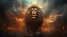  A Lion Sitting On A Rock In Front Of A Cloudy Sky.  Generative Ai
