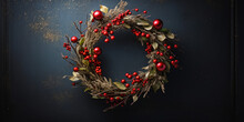 Christmas Wreath With Pines And Red Christmas Balls And Berries