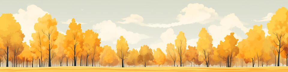Canvas Print - a row of yellow trees autumn panoramic drawing cartoon background.ai generative
