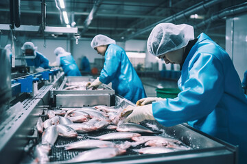 Wall Mural - Fish processing plant. Production Line. People sort the fish moving along the conveyor. Sorting and preparation of fish. Production of canned fish. modern food industry.