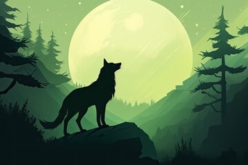 Wall Mural - wolf stand on a cliff at full moon night lansdscape illustration