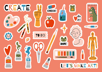 Set of stickers for planner and diaries, vector flat illustration. Cute sticker pack with painting tools elements and art supplies, cartoon trendy image. Decorations for notebook, flat design