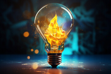 Creative light bulb explodes with splashes of yellow paint, concept. Creative idea, new idea generator. Creativity and the desktop