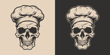 Set Of Vintage Skull Cook Chef In Hat Uniform. Can Be Used For Restaurant Food Menu Emblem Logo. Graphic Art. Vector. Hand Drawn Element In Engraving