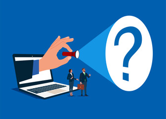 Wall Mural - hand with flashlight uncovering question mark. business solution or strategy. vector illustration