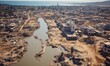 canvas print picture - Aerial view of the devastation in Derna, Libya, after a catastrophic flood. Submerged cityscape, damaged buildings, and muddy waters. No signs of life in the aftermath