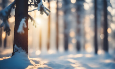 Aufkleber - Winter fir tree branch with snow and sunlight bokeh