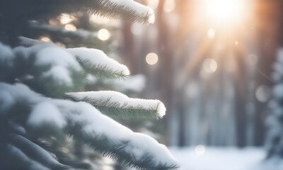 Wall Mural - Winter fir tree branch with snow and sunlight bokeh