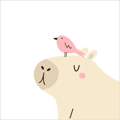 Wall Mural - Vector illustration with cute capybara and pink bird sitting on the head