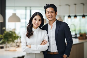 portrait of two young asian business people standing in the office