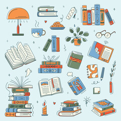 Doodle book colourful collection. Educational Vector illustration, books set icon. Stack of books, glasses, lamp, vertical books. Reading books concept. World book day. Minimalism, line art