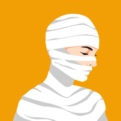 Wall Mural - portrait of a woman wear mummy costume in profile. halloween theme, side view, avatar, horror, costume. modern flat vector illustration.